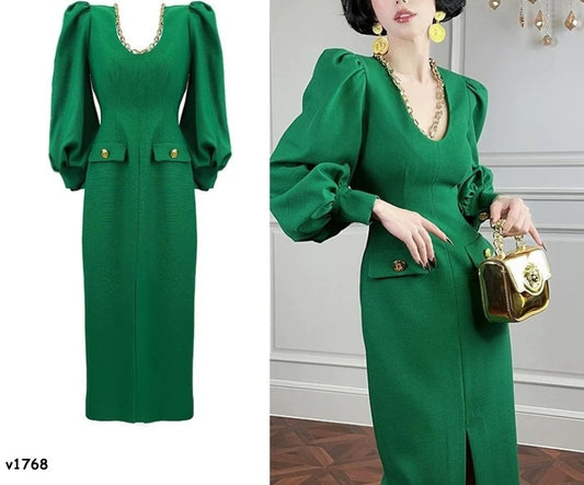 Vestido verde formal puff sleeve
