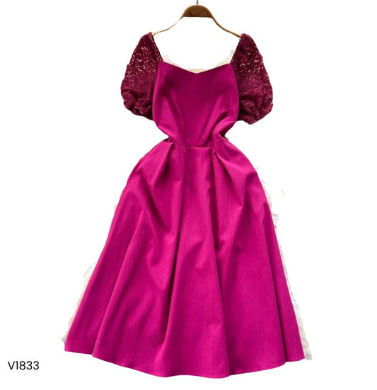 Vestido manga corta blonda fucsia o verde