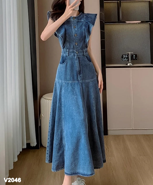 Vestido denim midi corte campana