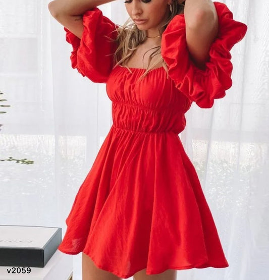 Vestido corto manga puff rojo