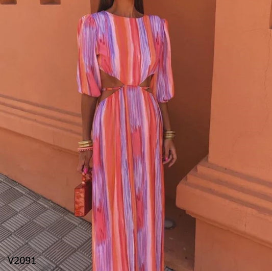 Vestido rayado colorido manga tres cuartos escotado