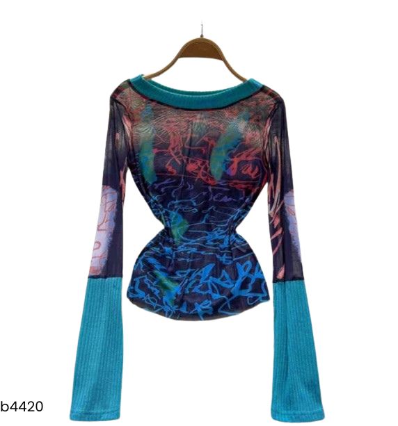 Blusa manga larga estampada azul