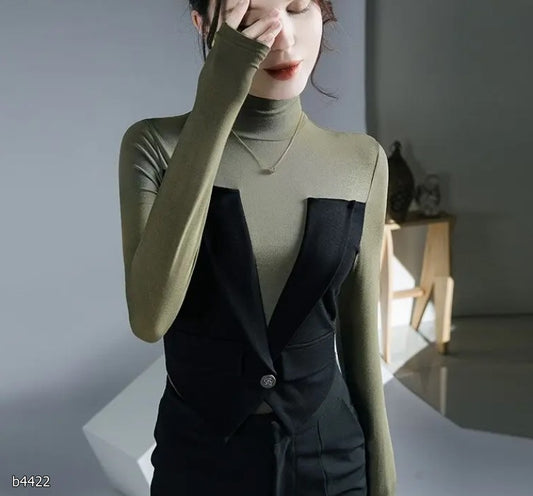 Blusa negra con verde manga larga tipo suéter