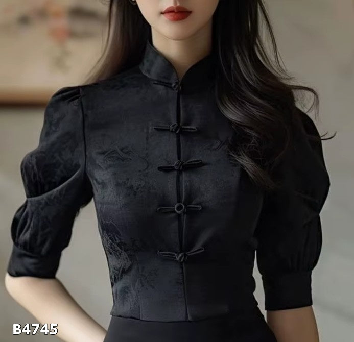 Blusa manga corta negra estilo asiático