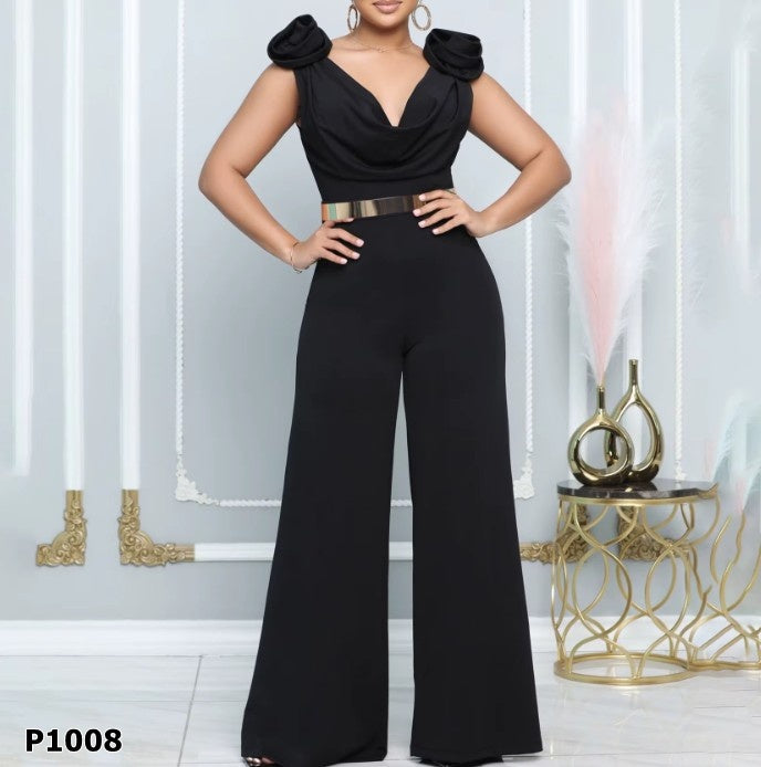 Jumpsuit rojo o negro con faja dorada y detalle en rosas