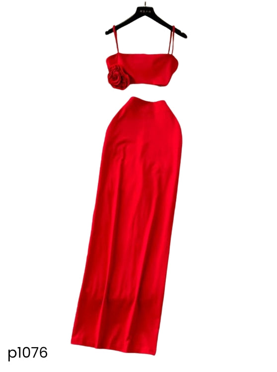 Set falda y croptop rojo con rosa