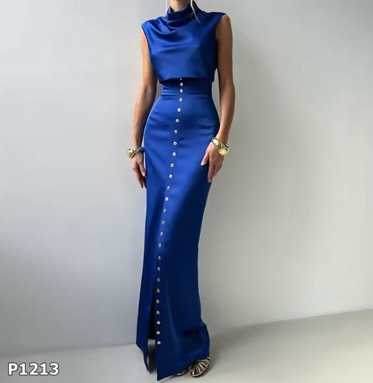 Set azul marino en seda falda y top