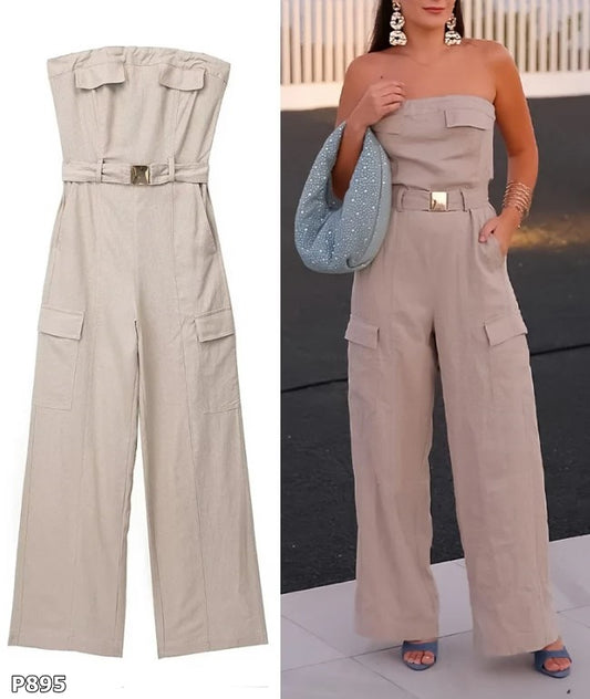 Jumpsuit straple color beige de lino