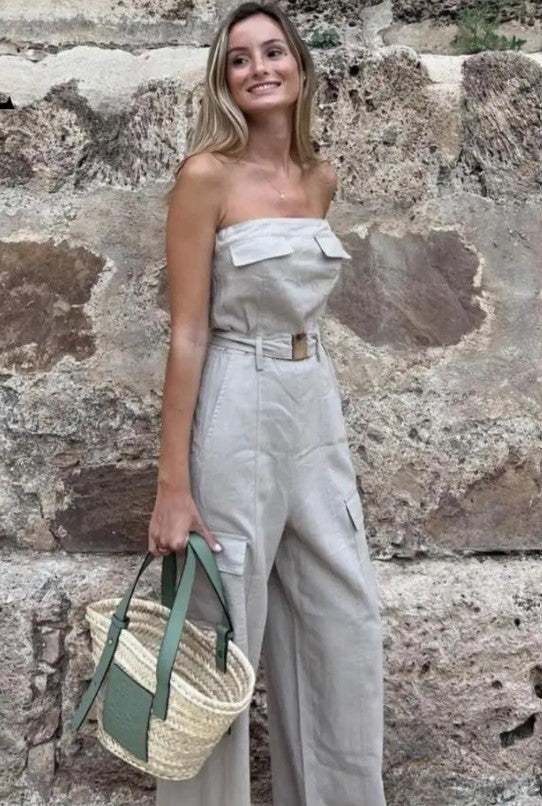 Jumpsuit straple color beige de lino