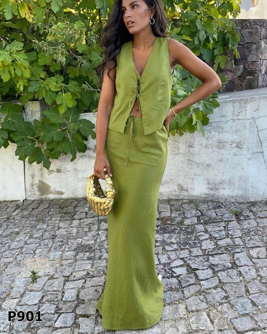Set de falda y top en lino verde
