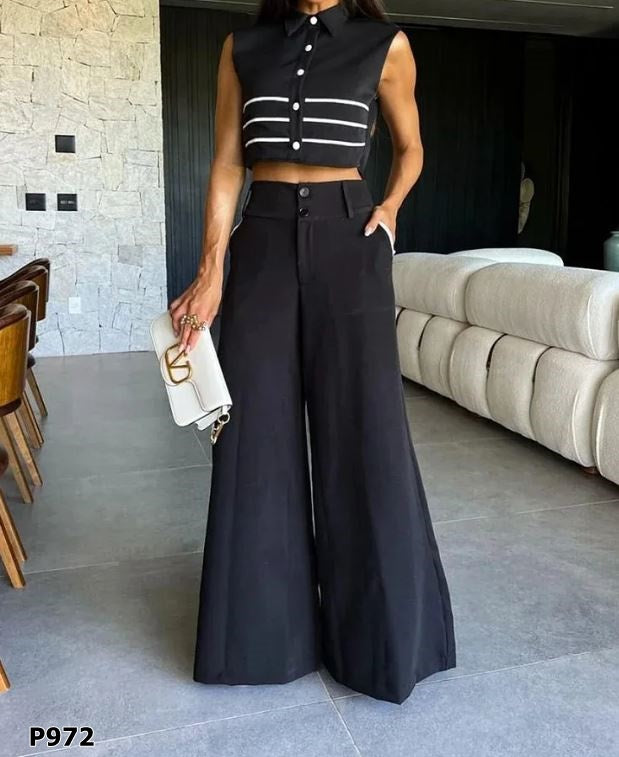 Set negro pantalon negro con top a rayas