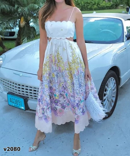 Vestido midi escotado estampado en rosa y morado