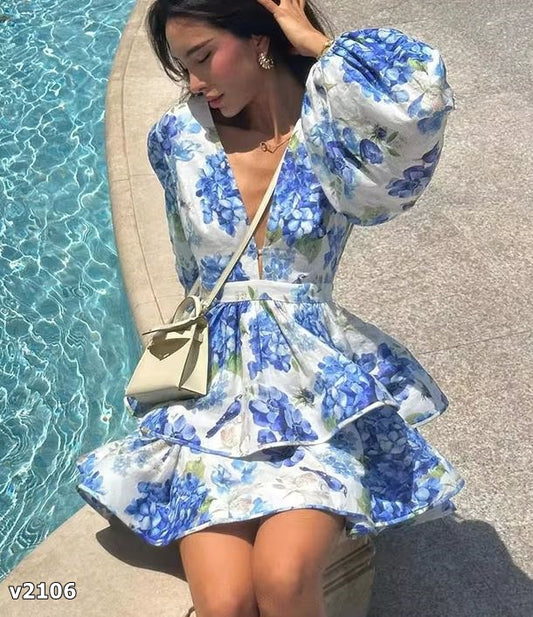 Vestido corto manga larga estampado azul y verde
