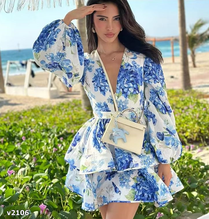 Vestido corto manga larga estampado azul y verde