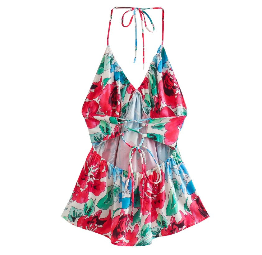 Blusa floreada estampada rosa y azul escotada