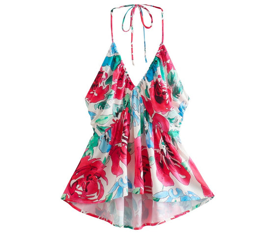 Blusa floreada estampada rosa y azul escotada