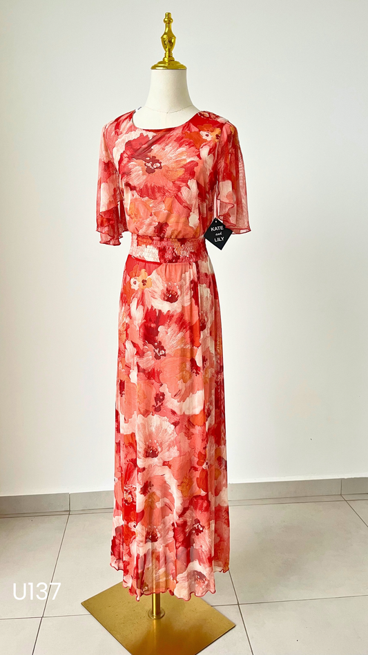 Vestido Maxi estampado rojo con naranja