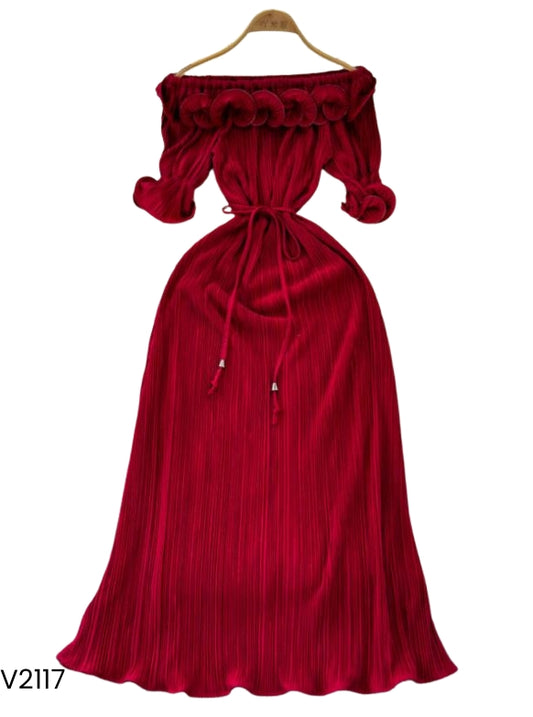 Vestido largo azul o rojo vino off shoulder