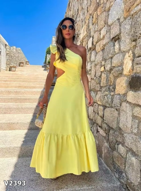 Vestido amarillo maxi estampado one shoulder