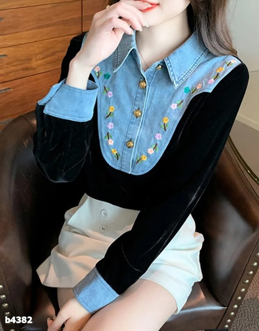 Blusa negra manga larga con denim y detalles bordados