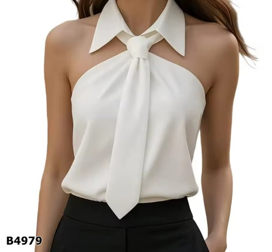 Blusa beige con corbatin desmangada