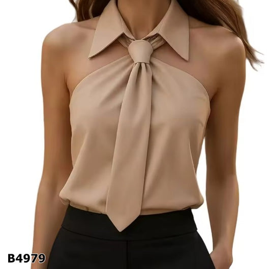 Blusa cafe con corbatin desmangada