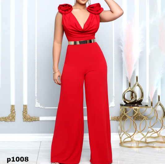 Jumpsuit rojo o negro con faja dorada y detalle en rosas