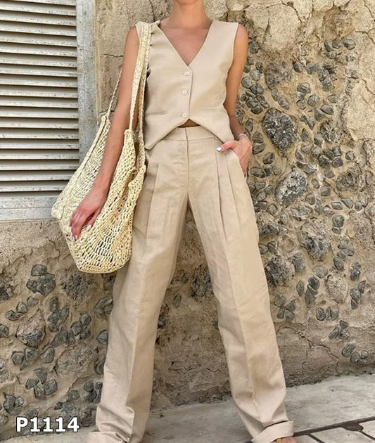 Set pantalón y chaleco beige en lino