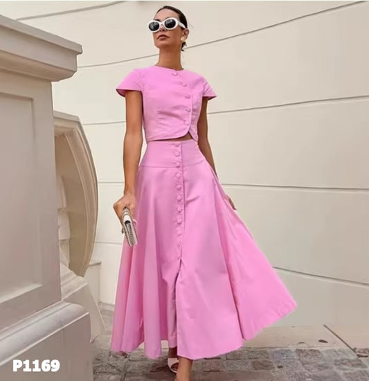 Set rosa falda y blusa con botones