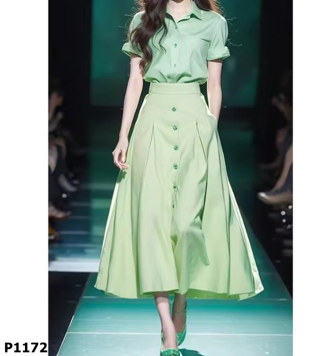 Set verde claro falda midi y blusa manga corta
