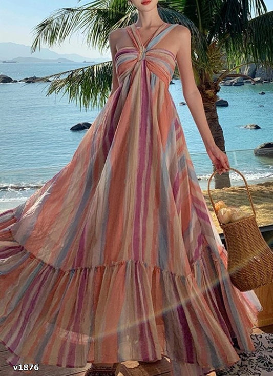 Vestido maxi rayado en colores pastel