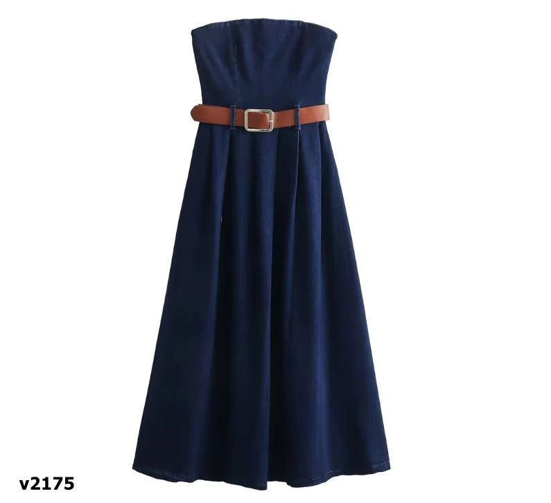 Vestido denim midi straple con faja café