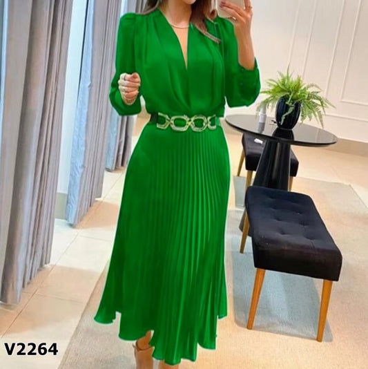 Vestido verde plisado con faja