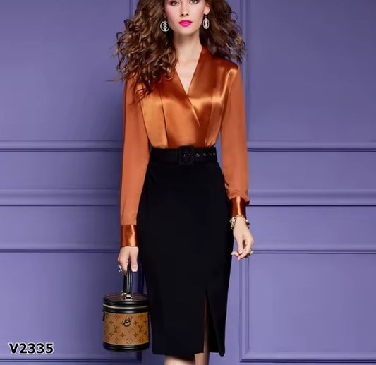 Vestido formal negro con color zapote