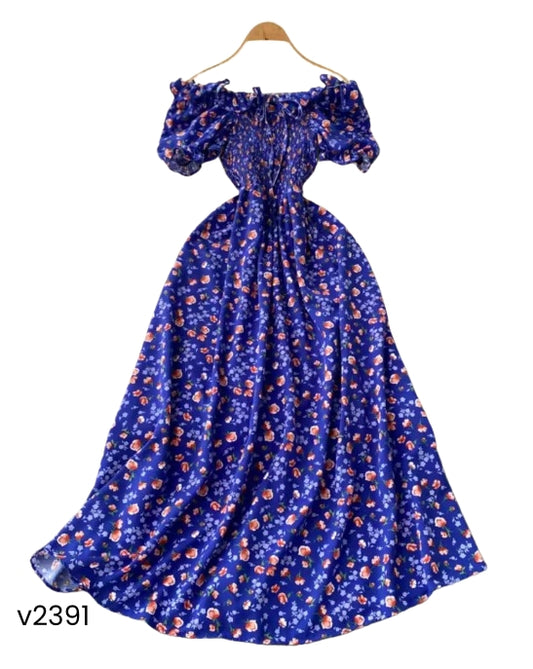 Vestido campesino azul floreado midi