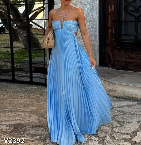 Vestido celeste maxi paletoneado escotado