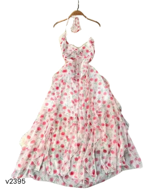 Vestido maxi floreado rosa con beige