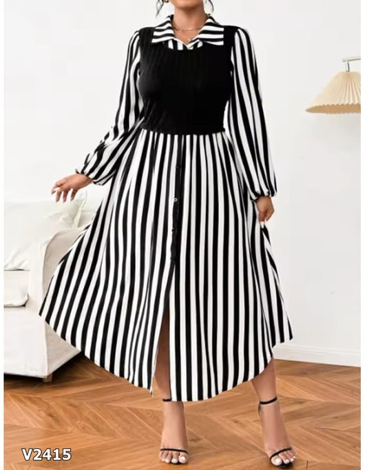 Vestido blanco y negro rayado largo de botones
