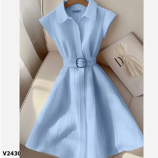 Vestido celeste manga corta con cinturon