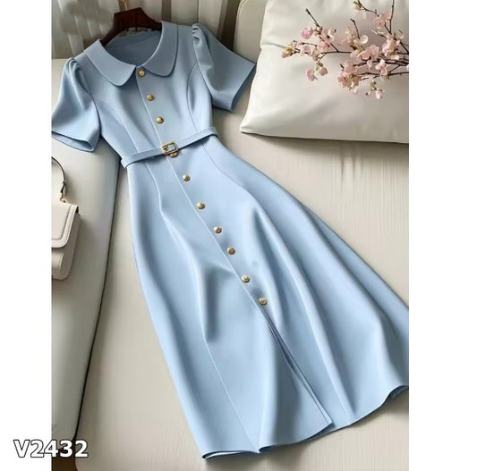 Vestido azul manga corta midi con faja